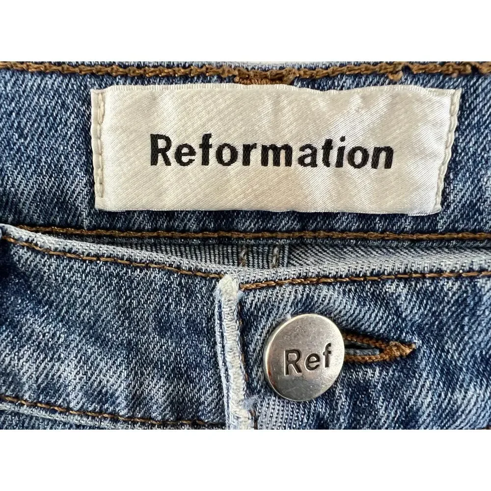 REFORMATION Blue Kasai Wash Mid-Rise Raw Hem Slim Denim Jeans Size 26